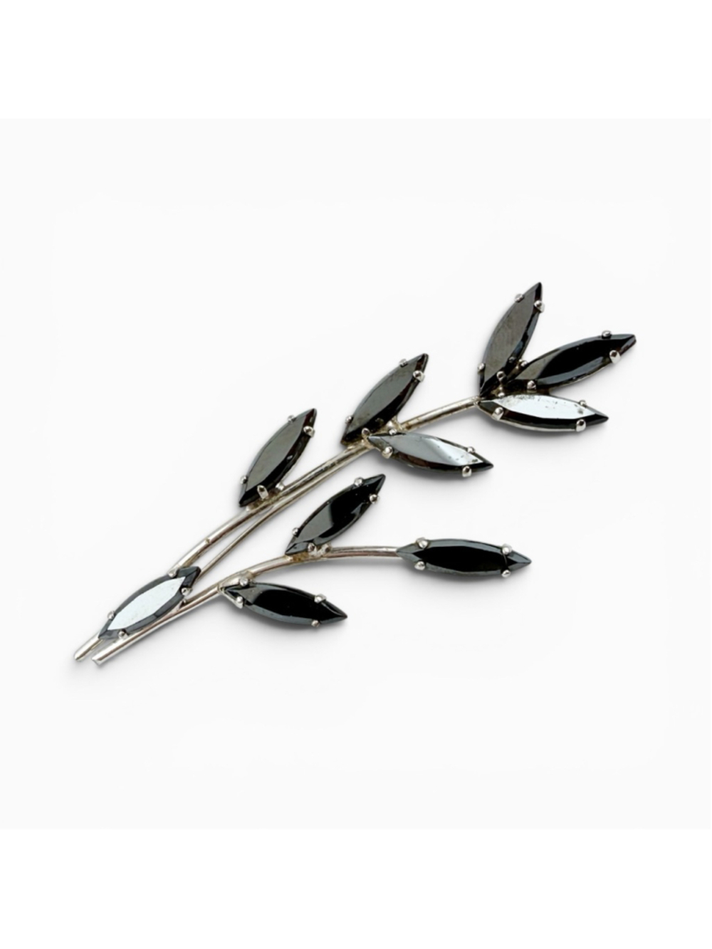 Large 1960s Floral Leaf Spray Brooch, Black Navette Rhinestone Pin, Silver Tone